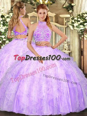 Halter Top Sleeveless Vestidos de Quinceanera Floor Length Beading and Ruffles Lilac Tulle