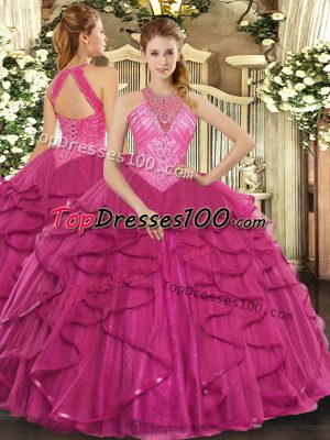 Excellent Hot Pink Sleeveless Tulle Lace Up Vestidos de Quinceanera for Military Ball and Sweet 16 and Quinceanera
