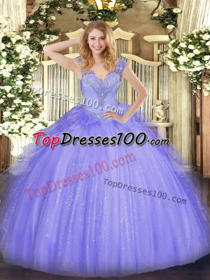 V-neck Sleeveless Quinceanera Dresses Floor Length Beading Lavender Tulle