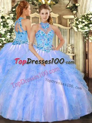 Hot Selling Embroidery and Ruffles Quinceanera Dresses Baby Blue Lace Up Sleeveless Floor Length