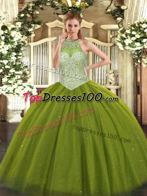 Stunning Halter Top Sleeveless Lace Up Quinceanera Dress Olive Green Tulle