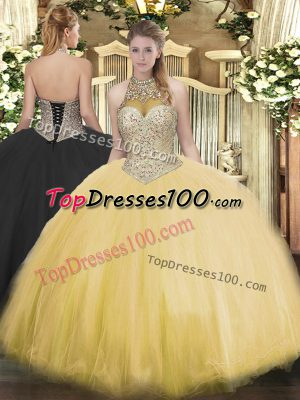 Custom Fit Floor Length Gold Ball Gown Prom Dress Halter Top Sleeveless Lace Up