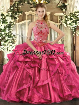 Hot Pink Organza Lace Up Ball Gown Prom Dress Sleeveless Floor Length Beading and Embroidery and Ruffles