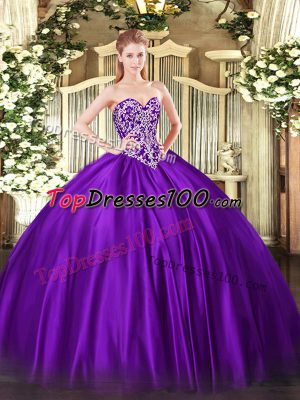 Purple Satin Lace Up 15th Birthday Dress Sleeveless Floor Length Beading