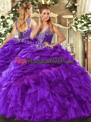 Purple Straps Lace Up Beading and Ruffles and Pick Ups Quinceanera Gown Sleeveless