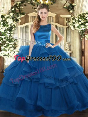 Fashion Blue Scoop Neckline Ruffles Quinceanera Gowns Sleeveless Lace Up