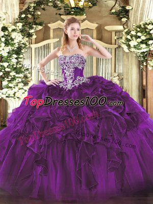 Pretty Dark Purple Sleeveless Floor Length Beading and Ruffles Lace Up Quinceanera Dresses
