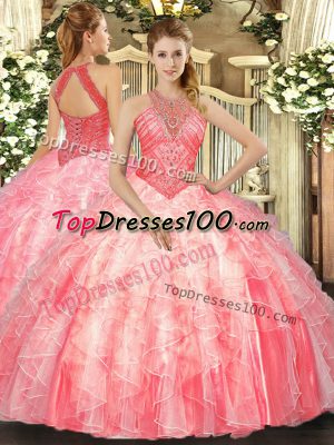 High Class Watermelon Red Vestidos de Quinceanera Military Ball and Sweet 16 and Quinceanera with Beading and Ruffles High-neck Sleeveless Lace Up