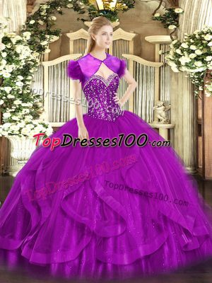 Fantastic Beading and Ruffles Sweet 16 Dress Fuchsia Lace Up Sleeveless Floor Length