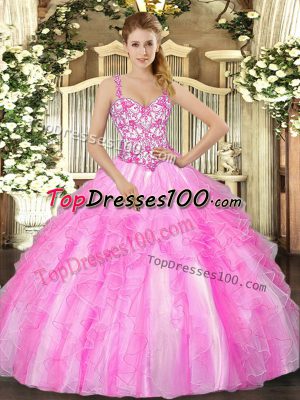 Lilac Ball Gowns Organza Straps Sleeveless Appliques and Ruffles Floor Length Lace Up Quince Ball Gowns