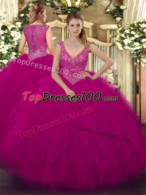 Edgy Fuchsia Tulle Zipper V-neck Sleeveless Floor Length Quinceanera Dresses Beading and Ruffles