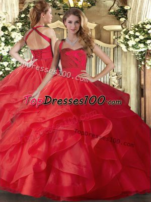 Exceptional Red Tulle Lace Up Halter Top Sleeveless Floor Length Sweet 16 Dresses Ruffles