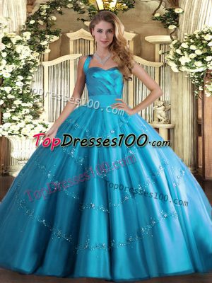 Baby Blue Sleeveless Tulle Lace Up Quinceanera Dress for Military Ball and Sweet 16 and Quinceanera