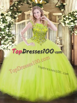 Yellow Green Zipper Scoop Beading Quinceanera Gown Tulle Sleeveless
