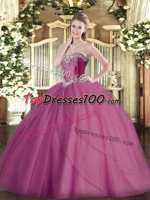 Lilac Ball Gowns Sweetheart Sleeveless Tulle Brush Train Lace Up Beading Sweet 16 Dresses