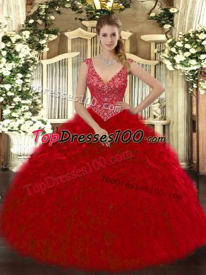 Wine Red Ball Gowns V-neck Sleeveless Organza Floor Length Zipper Beading and Ruffles 15 Quinceanera Dress