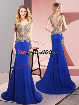 Custom Fit Beading Prom Dress Royal Blue Side Zipper Sleeveless Sweep Train