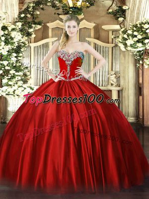 High Class Sweetheart Sleeveless Ball Gown Prom Dress Floor Length Beading Wine Red Satin