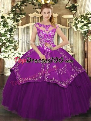 Eggplant Purple Ball Gowns Scoop Cap Sleeves Satin and Tulle Floor Length Lace Up Embroidery 15th Birthday Dress