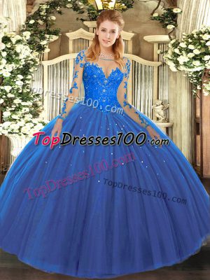 Scoop Long Sleeves Lace Up 15th Birthday Dress Blue Tulle