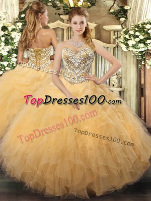 Simple Sweetheart Sleeveless Lace Up Quinceanera Gowns Gold Tulle