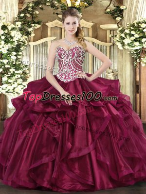 Most Popular Wine Red Ball Gowns Sweetheart Sleeveless Organza Floor Length Lace Up Beading and Ruffles Quinceanera Dresses