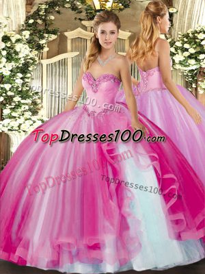 Fabulous Floor Length Lace Up Sweet 16 Dresses Fuchsia for Military Ball and Sweet 16 and Quinceanera with Beading and Ruffles