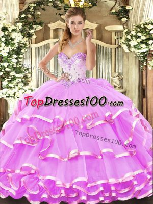 Organza Sweetheart Sleeveless Lace Up Beading and Ruffled Layers 15th Birthday Dress in Lilac