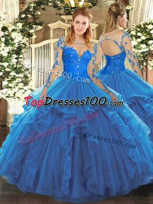 Floor Length Blue Sweet 16 Dresses Scoop Long Sleeves Lace Up
