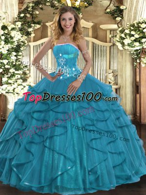 Customized Teal Tulle Lace Up Quinceanera Gowns Sleeveless Floor Length Beading and Ruffles