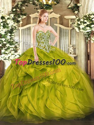 Olive Green Sweetheart Lace Up Beading and Ruffles Sweet 16 Dress Sleeveless