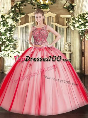 Coral Red Sleeveless Tulle Lace Up 15th Birthday Dress for Military Ball and Sweet 16 and Quinceanera