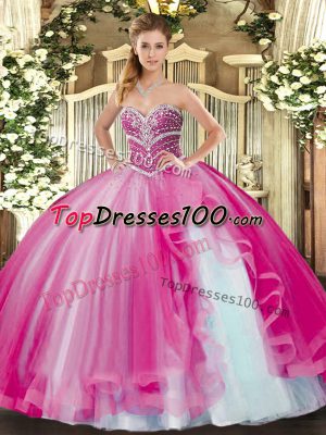 Fuchsia Ball Gowns Tulle Sweetheart Sleeveless Beading and Ruffles Floor Length Lace Up Ball Gown Prom Dress