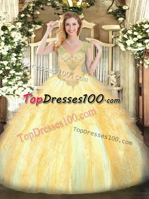 Most Popular Gold V-neck Lace Up Beading and Ruffles Ball Gown Prom Dress Sleeveless