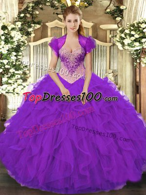 Purple Sleeveless Organza Lace Up Quinceanera Dresses for Military Ball and Sweet 16 and Quinceanera