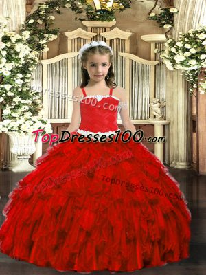 Wine Red Organza Lace Up Straps Sleeveless Floor Length Girls Pageant Dresses Appliques and Ruffles