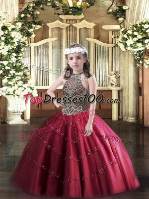 Wine Red Little Girl Pageant Dress Party and Quinceanera with Beading Halter Top Sleeveless Lace Up