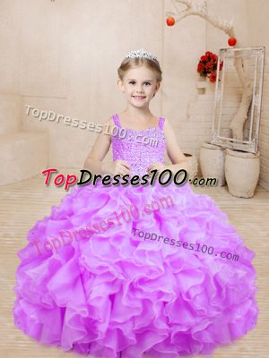 Classical Ball Gowns Pageant Dress for Girls Lilac Straps Organza Sleeveless Floor Length Lace Up