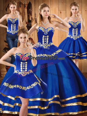 Blue Ball Gowns Embroidery Sweet 16 Dress Lace Up Satin and Tulle Sleeveless Floor Length