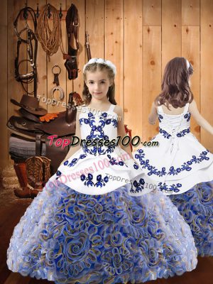 Simple Embroidery and Ruffles Little Girls Pageant Dress Multi-color Lace Up Sleeveless Floor Length