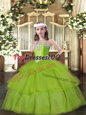 Gorgeous Olive Green Ball Gowns Organza Straps Sleeveless Beading and Ruffled Layers Floor Length Lace Up Little Girl Pageant Dress