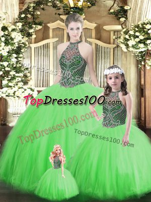 Fitting Green Sleeveless Tulle Lace Up Quince Ball Gowns for Military Ball and Sweet 16 and Quinceanera