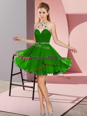 Flare Mini Length Green Prom Gown Halter Top Sleeveless Zipper