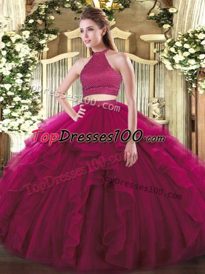 Tulle Sleeveless Floor Length Sweet 16 Quinceanera Dress and Beading and Ruffles