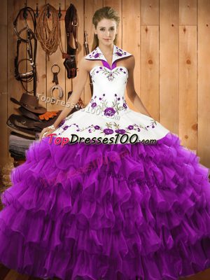 Suitable Floor Length Lace Up Quince Ball Gowns Eggplant Purple for Military Ball and Sweet 16 and Quinceanera with Embroidery and Ruffled Layers