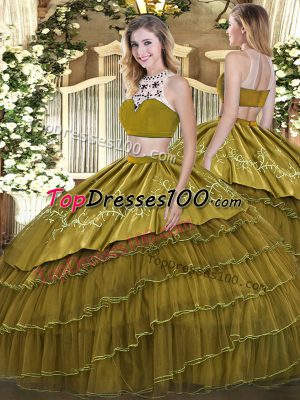Olive Green Sleeveless Tulle Backless Sweet 16 Dress for Military Ball and Sweet 16 and Quinceanera
