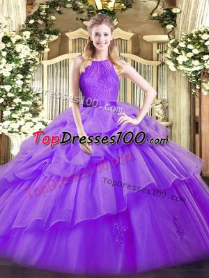 Artistic Eggplant Purple Organza Zipper 15th Birthday Dress Sleeveless Floor Length Lace and Ruffled Layers