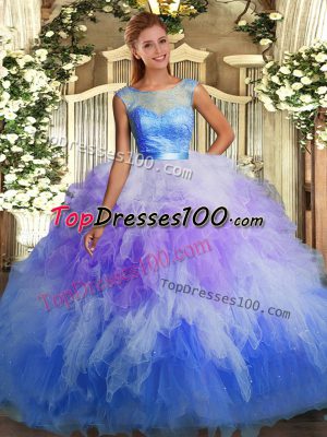 Multi-color Ball Gowns Lace and Ruffles Sweet 16 Quinceanera Dress Backless Organza Sleeveless Floor Length
