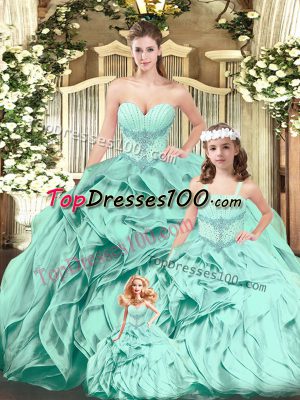 Organza Sweetheart Sleeveless Lace Up Beading and Ruffles Sweet 16 Dress in Aqua Blue