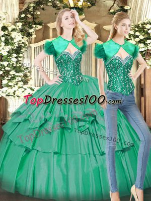 High Quality Floor Length Lace Up 15th Birthday Dress Turquoise for Military Ball and Sweet 16 and Quinceanera with Beading and Ruffled Layers